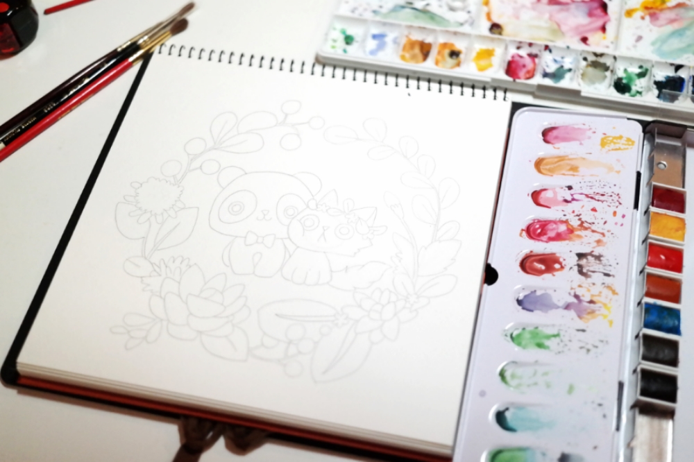 The final line art using 0.5mm B mechanical pencil