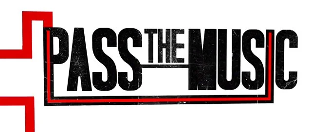 Graphic design with the phrase 'Pass the Music' in bold black letters and a red line outlining the text, featuring a cross pattern on the left.