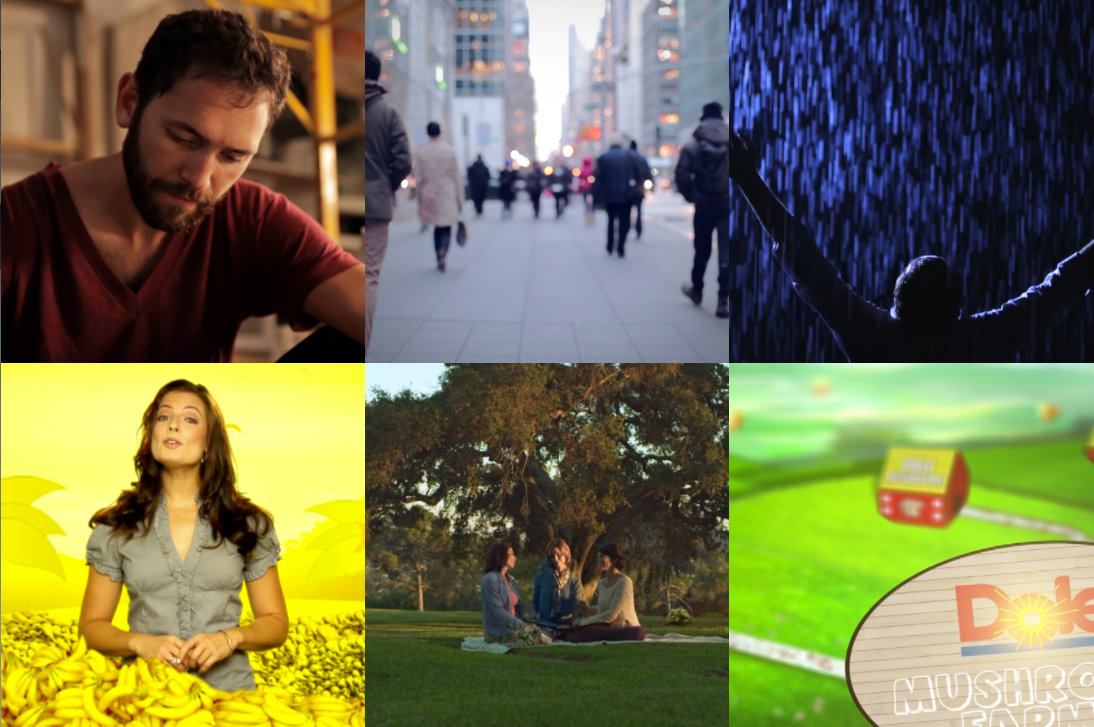 A collage of six images: a man working on a project indoors, people walking on a city sidewalk, a person standing in the rain with arms raised, a woman standing in front of a yellow background with bananas, three women sitting on the grass under a tree, and a game board with the label "Doke" and "Mushroom Farm."