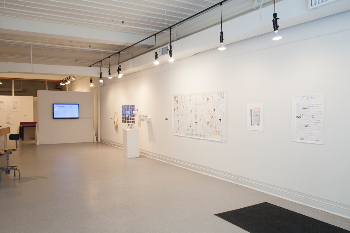 (from left to right) Installation view of work by William Powhida, Alice Bradshaw, Kyle Fletcher and Derek Moore.