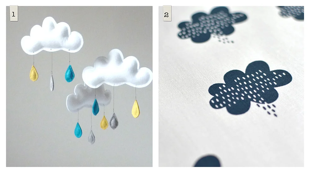 Etsy: 1. Rain Cloud Mobile by Le Petit Papillon, 2. Stormy Weather Fabric by Maze & Vale