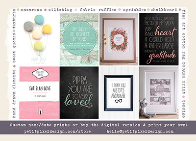 When I'm not writing, I'm designing custom prints for weddings, nurseries and everything in between. Click here to see the range of locally designed pieces available :)