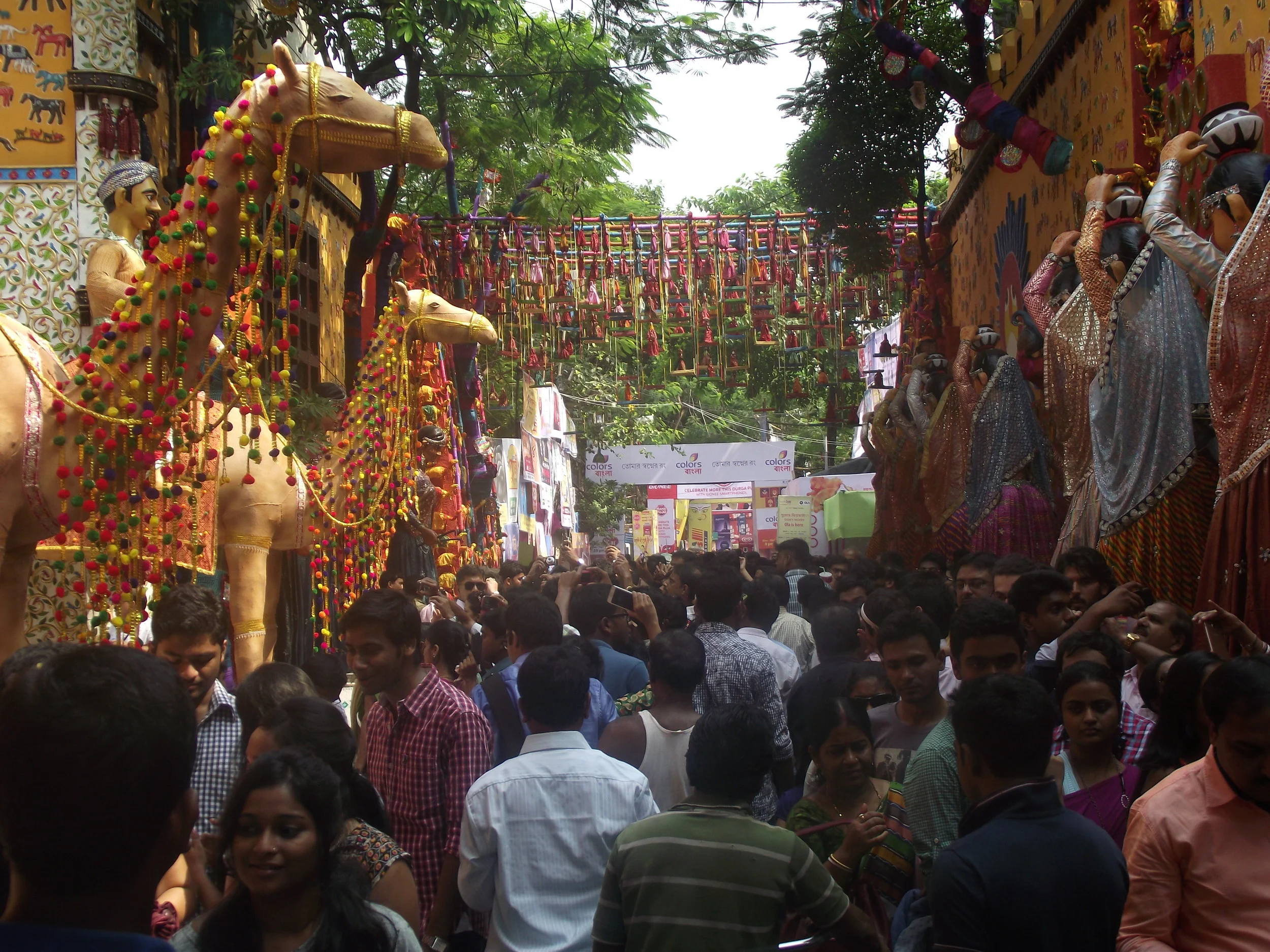  Greater than lifesize camels all decorated and decked up and the villagers queuing up on their journey to collect water 