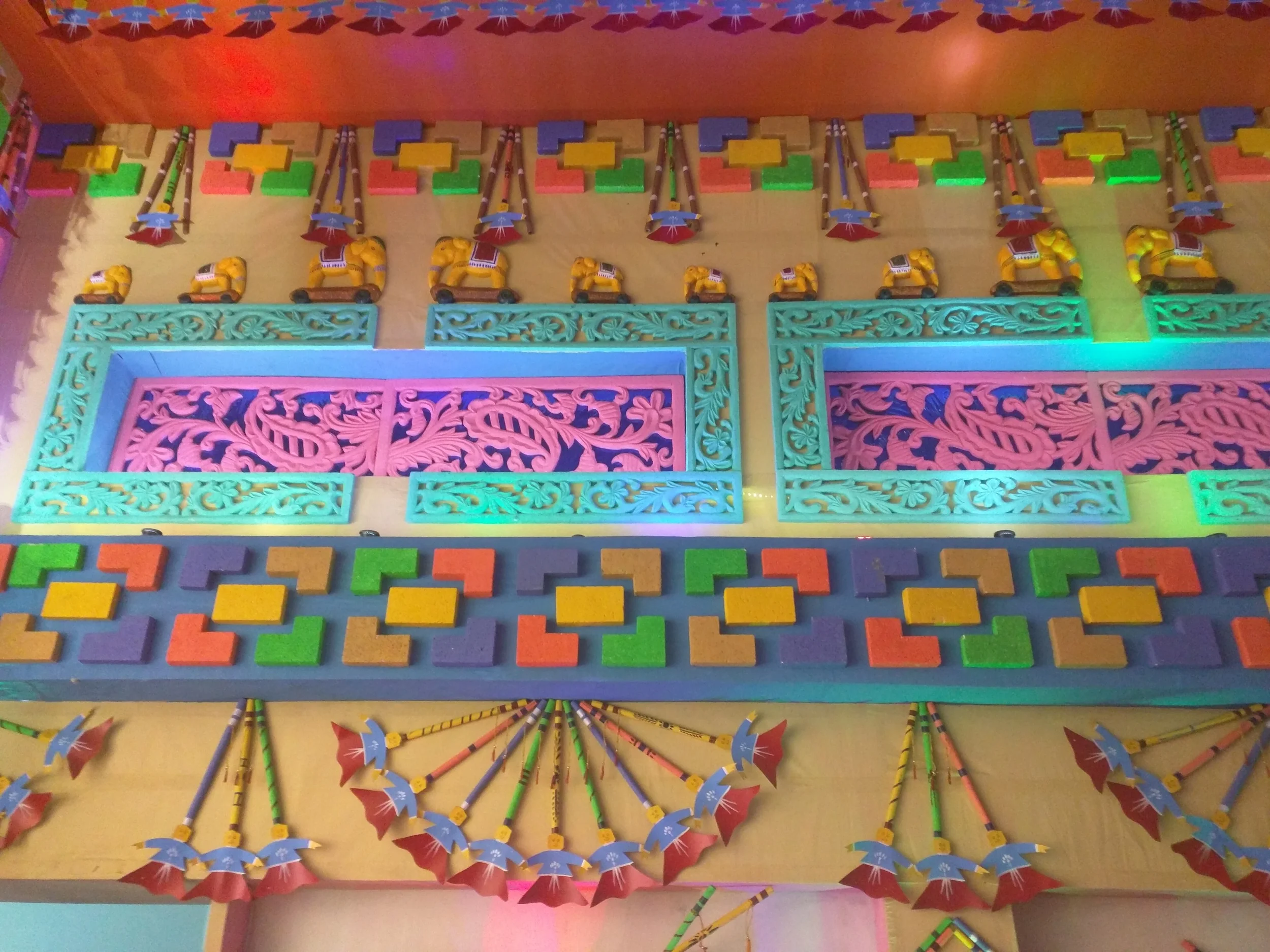  The pandal decoration was made with dandiya sticks. 