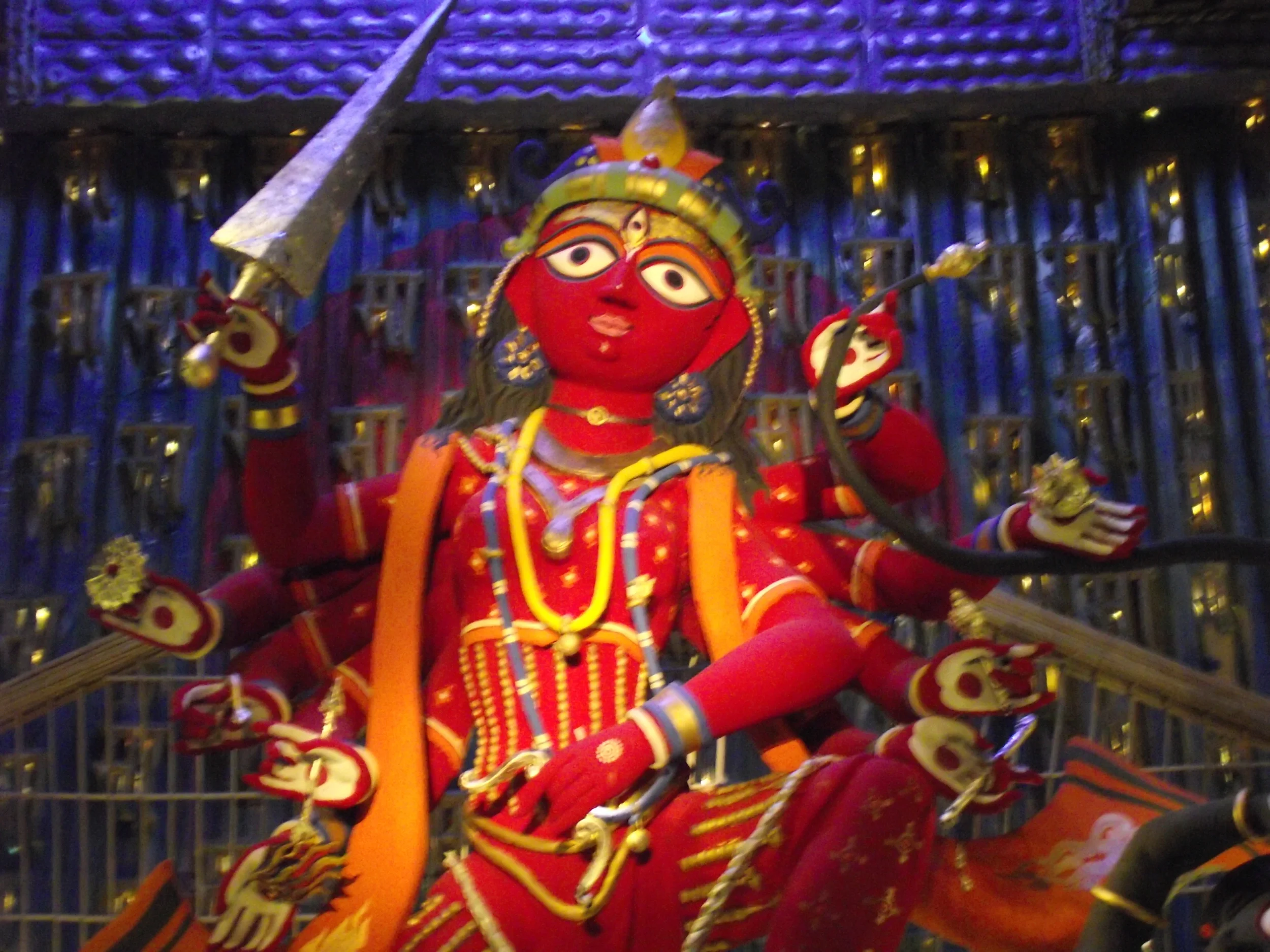  The idol of Maa Durga was also created following the Papier-mache style. Papier-Mache followed bright lights in all their forms. That explains the bight colours of the idol. 