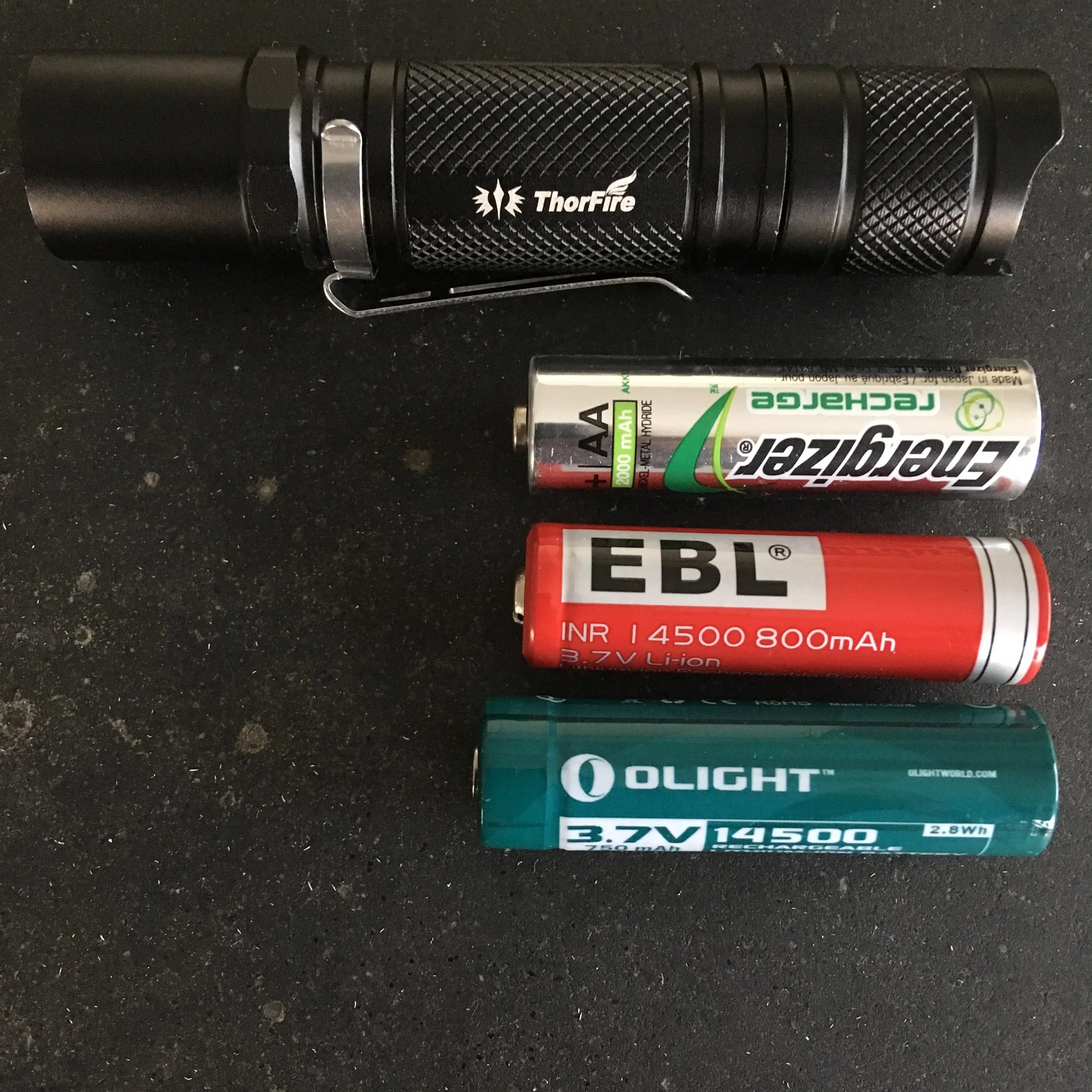 A comparison of battery sizes. The 14500 battery spec varies from manufacturer to manufacturer. Most 14500 devices are accomadating to these varied sizes.