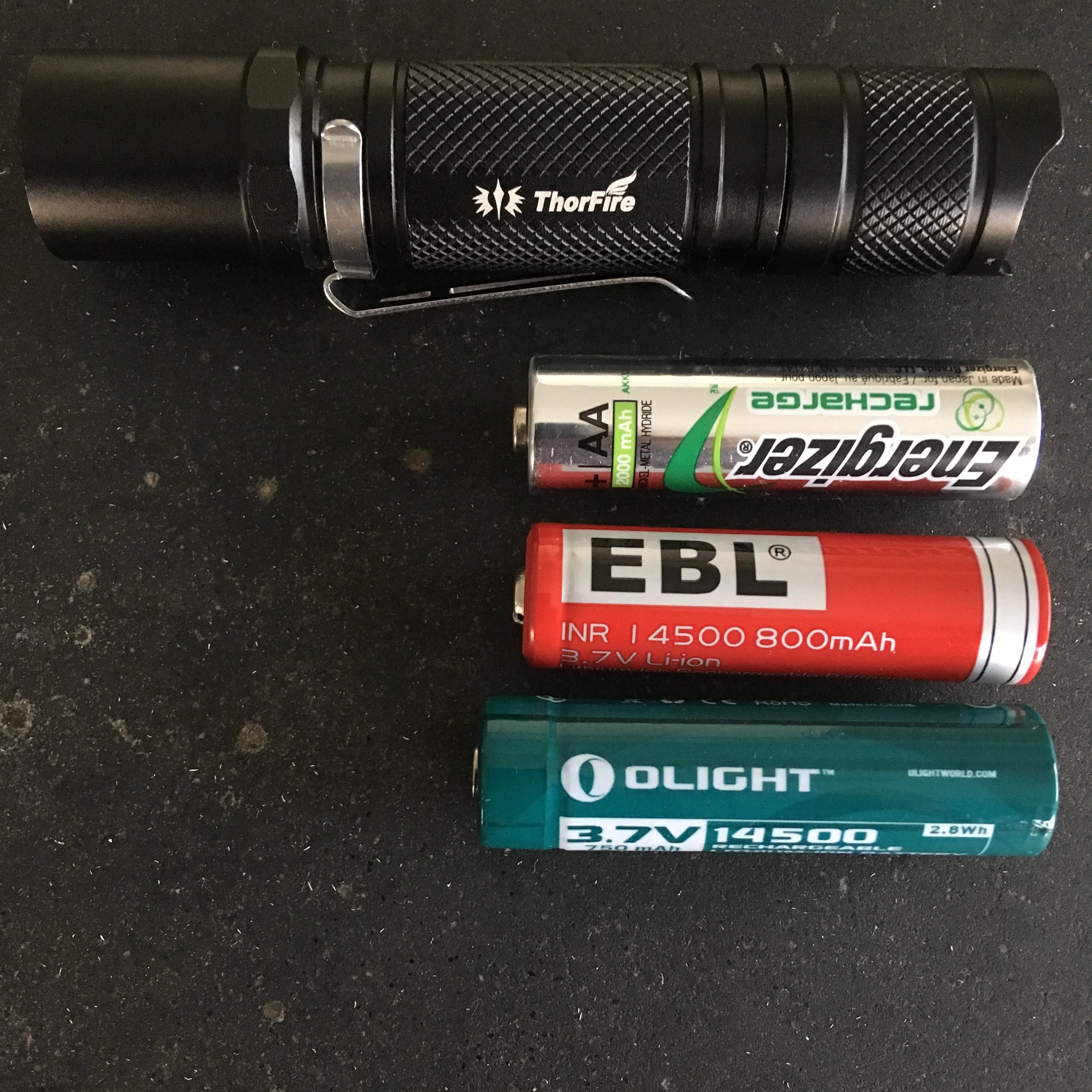 A COMPARISON OF BATTERY SIZES. THE 14500 BATTERY SPEC VARIES FROM MANUFACTURER TO MANUFACTURER. MOST 14500 DEVICES ARE ACCOMADATING TO THESE VARIED SIZES. 