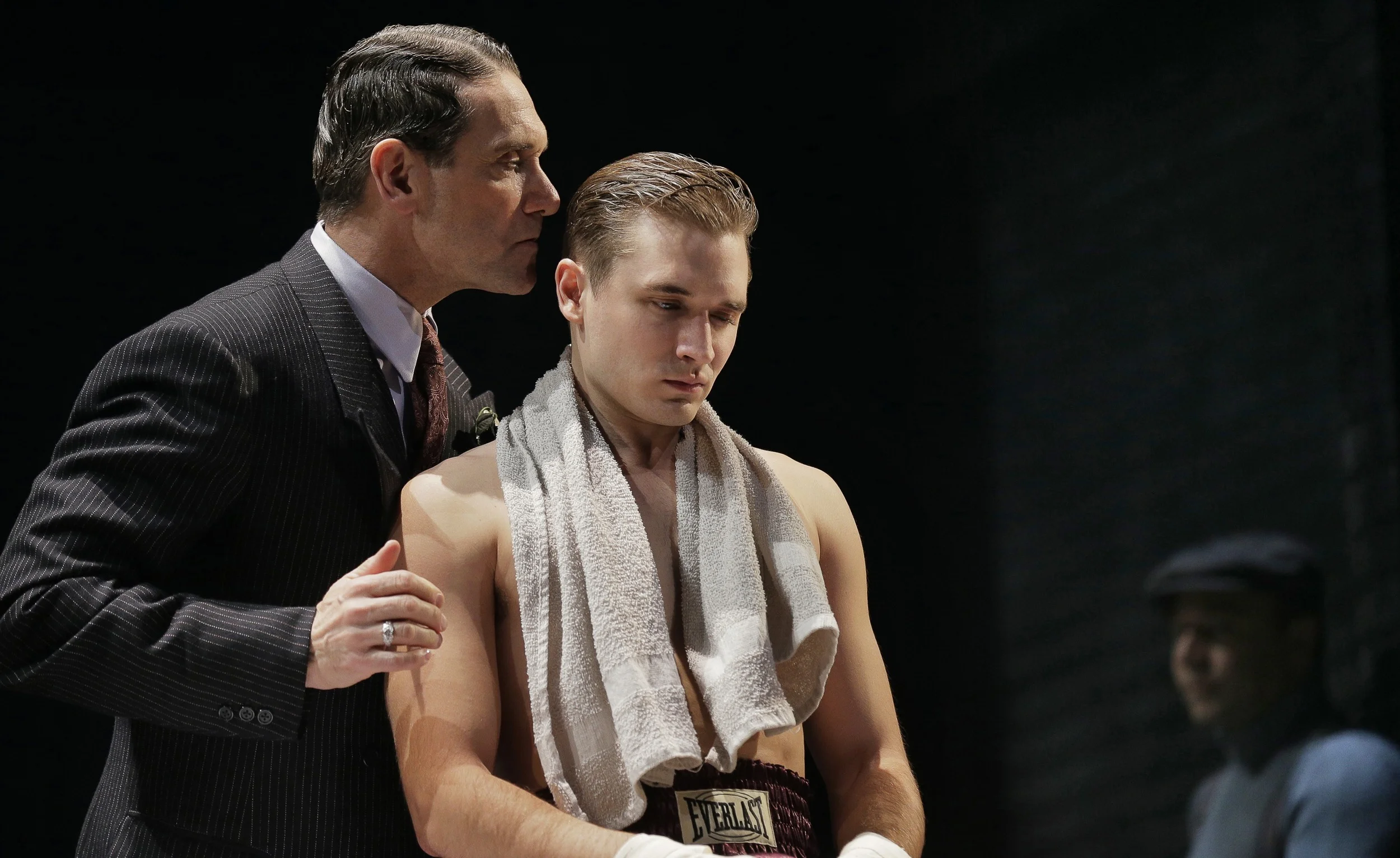 Anthony Crivello, Seth Numrich and Danny Burstein are either talking about boxing or hair care. Photo credit: Paul Kolnik.