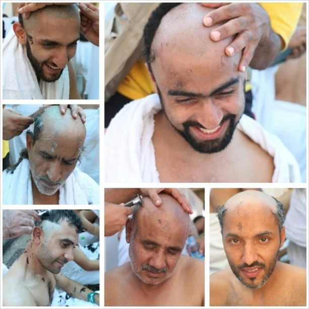 Men on the hajj smiling (mostly) as they get their locks shaved (Photo: Al_sairafi /Instagram)