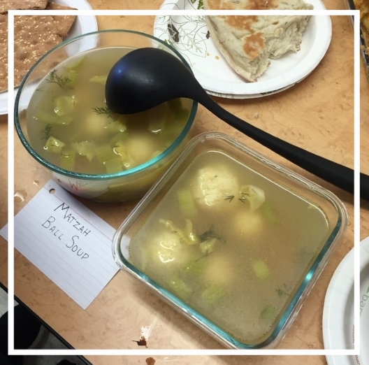 Nirit’s Matzo ball soup was a welcome addition to the spread of comfort food at our potluck. 