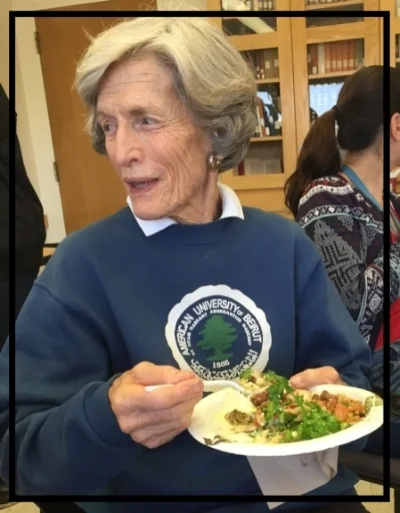 Ann Kerr enjoying a bit of food and conversation.