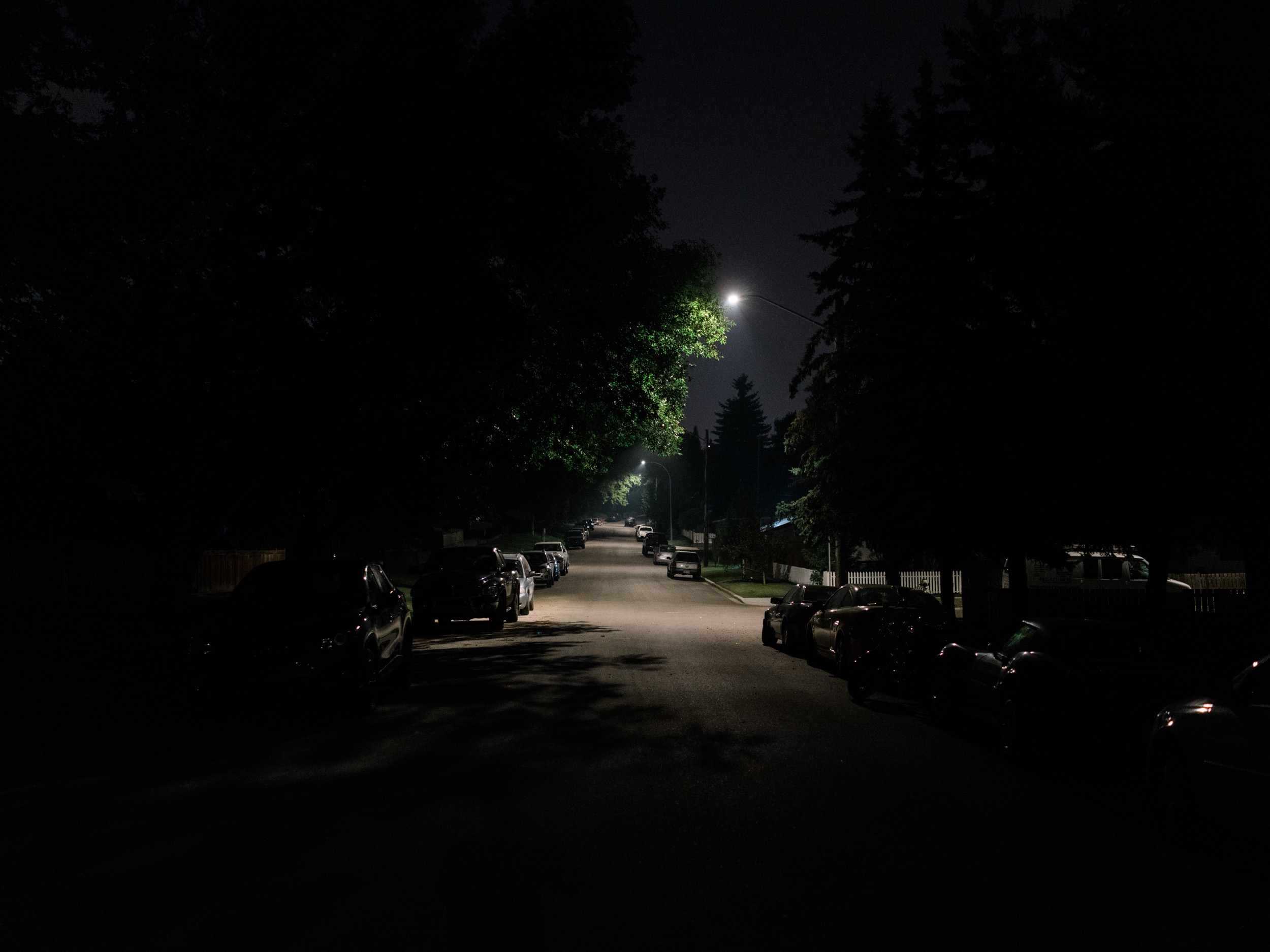 This particular street didn't have a sidewalk so I walked down the middle of the road. I loved the canopy of trees with the streetlights dotting the way forward. When it's this late at night, the roads are quiet and the traffic is rare. 