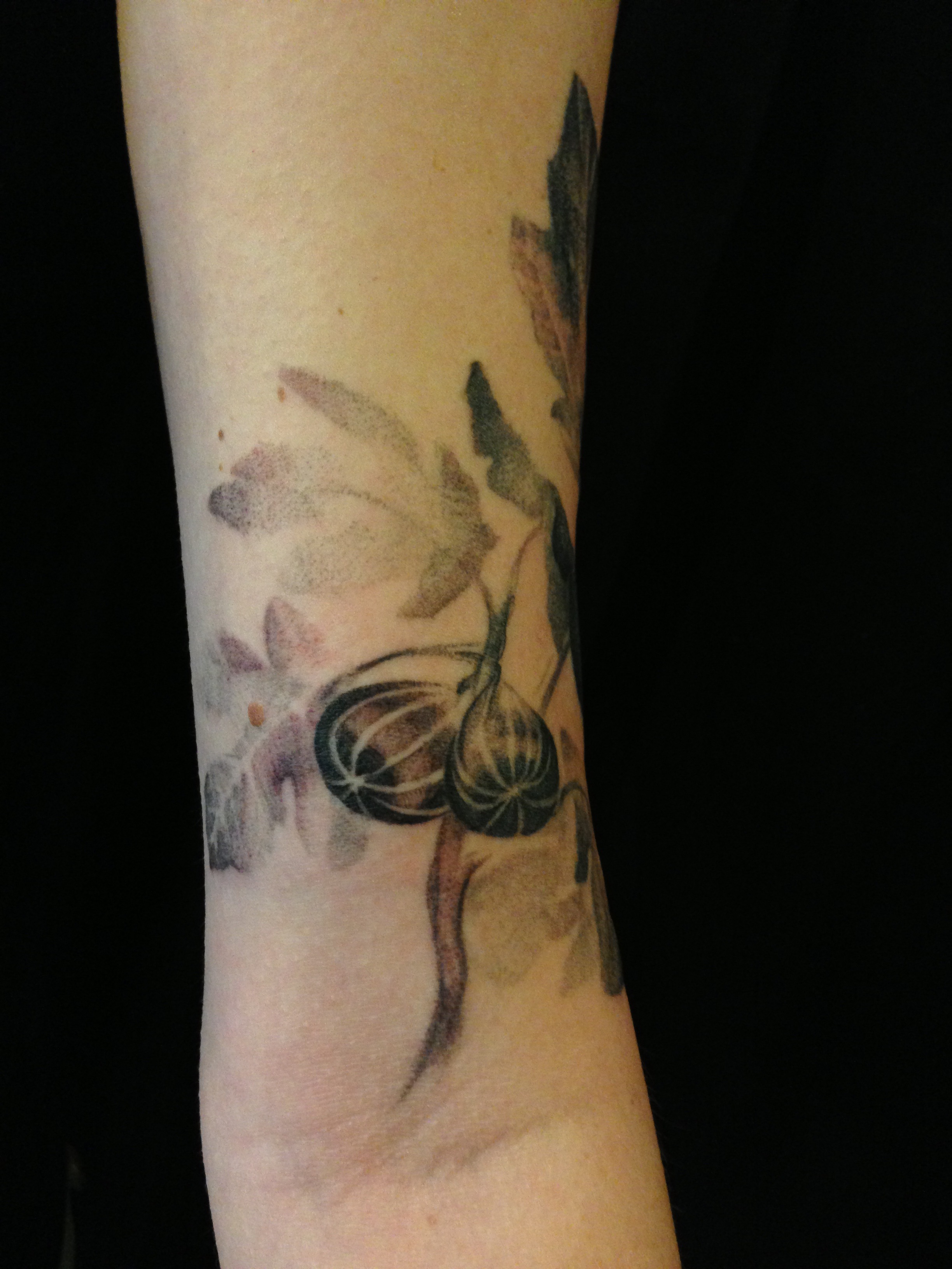  This tattoo pulls those figs to the foreground based on tone and focus. The darker the tone, the closer to the viewer. The clearer the focus does the same... 