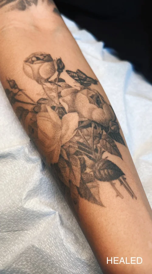 Healed floral tattoo by David Allen