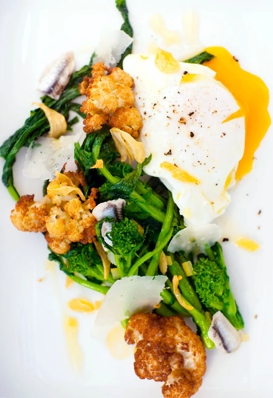 Warm Salad of Rapini, Cauliflower, Egg, White Anchovy