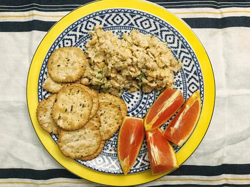 dill orange and fennel chickpea salad with essential fluffy tahini spread plate.jpg