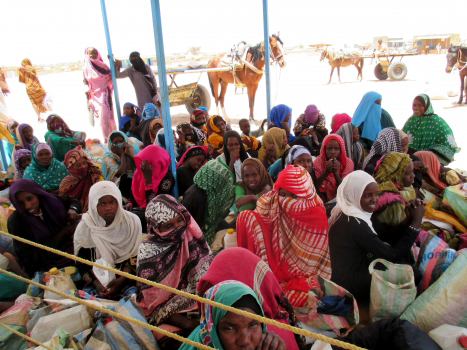 Refugees in line during food distribution day in Am'Nabak refugee camp. Starting in January 2014, the ration each refugee receives was cut from roughly 2,100 calories per day to just over 800. 