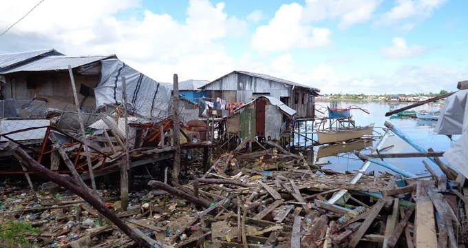 A coastal village destroyed by Typhoon Haiyan in southern Philippines.