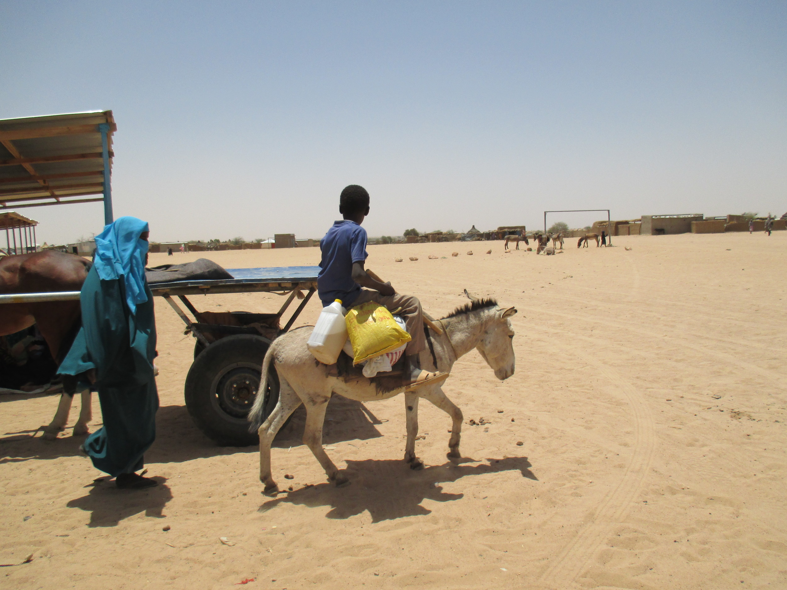 A boy and his donkey carry supplies, including cooking oil, on food distribution day in Am’Nabak camp.