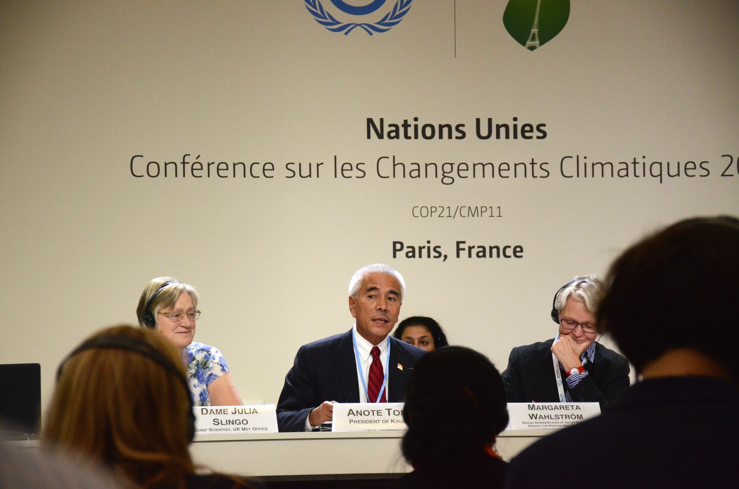 "Our plea is very simple: Let us give substance to the pledges that are made. Let us not pay lip-service to an issue that requires urgent action. " Kiribati President Anote Tong speaks at an event at COP21. Photo credit: Mattea Mrkusic.