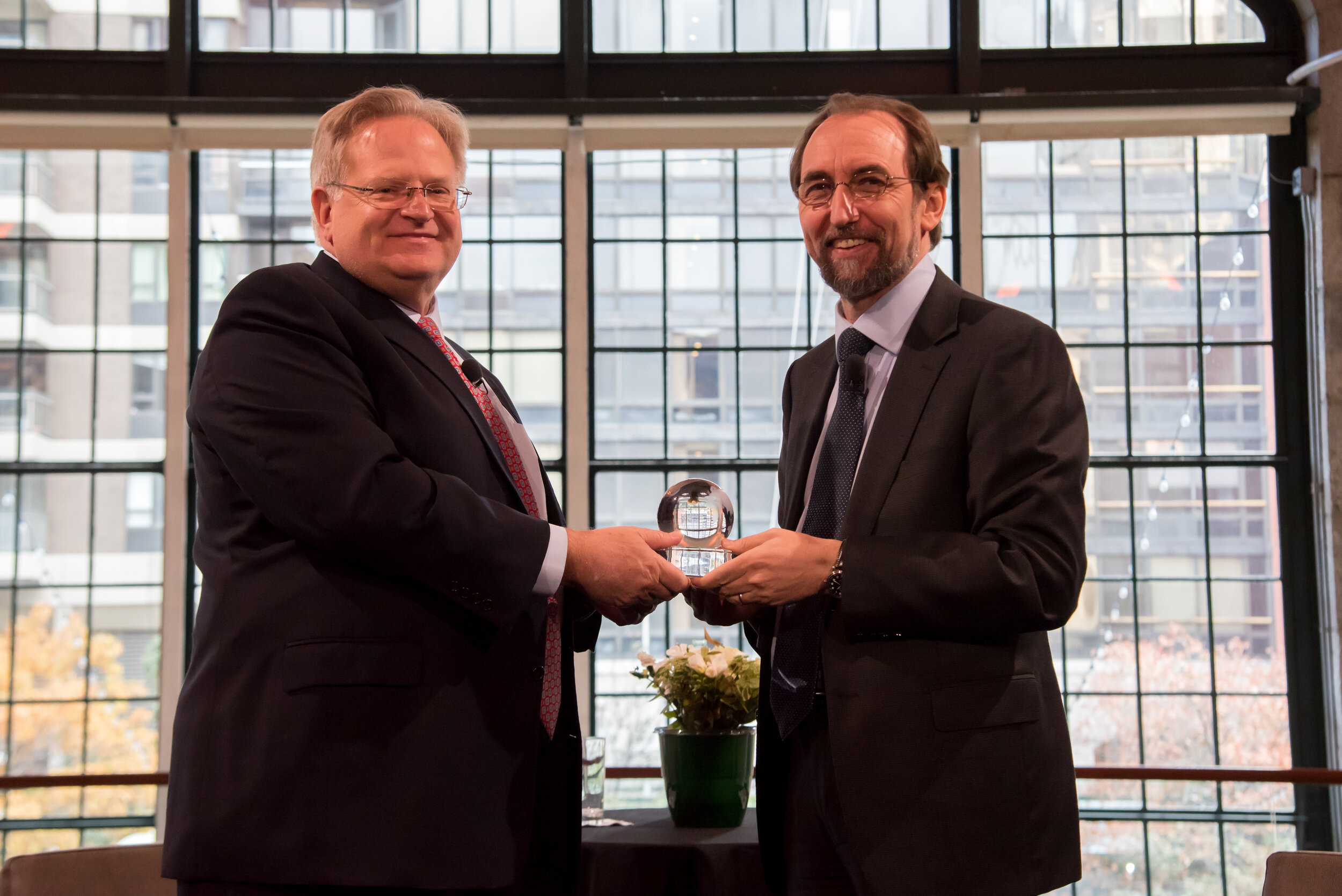  Eric Schwartz's presents Exceptional Service Aware to Zeid Raad Al Hussein, former UN High Commisioner for Human Rights (2014-2018), at Refugees International's 17th Annual New York Circle Act for Refugees at Guastavino's in NYC, NY on Thursday, November 14th 2019. 