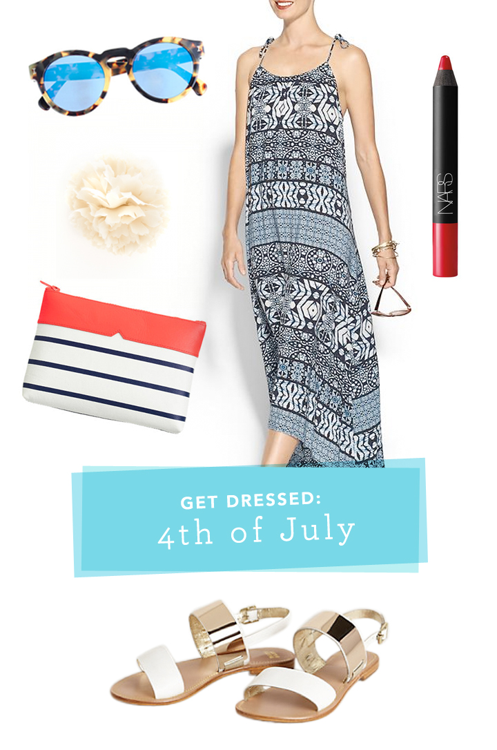 sunglasses / dress / lipstick / sandals / clutch / flower pin