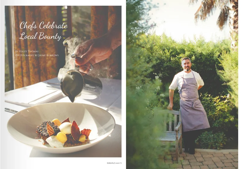 Chef Jensen Lorenzen photographed in the gardens of the Cass House restaurant in Cayucos, California. 
