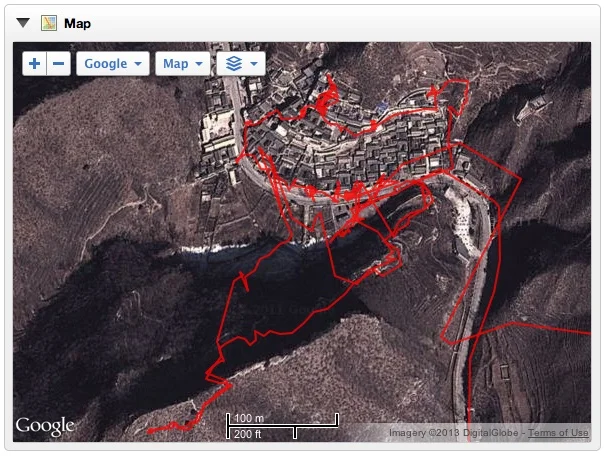 Trail marked on Google Earth, showing the way up to the viewpoint on the village. 