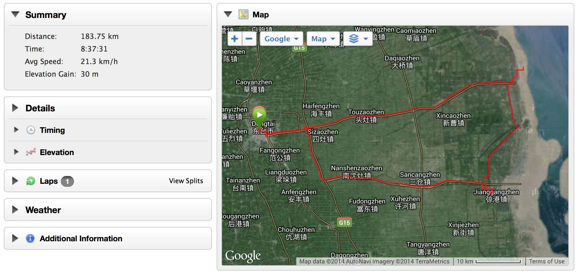 Dongtai (Jiangsu Province) to the Yellow Sea and back.
