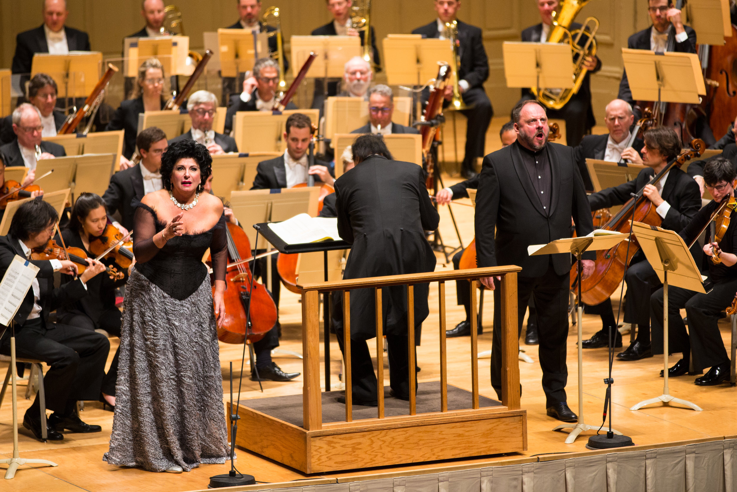 Mezzo Ildiko Komlosi, baritone Matthias Goerne, conductor Charles Dutoit and the Boston Symphony Orchestra in Bartok's "Duke Bluebeard's Castle." Oct. 28, 2016. Robert Torres photograph.