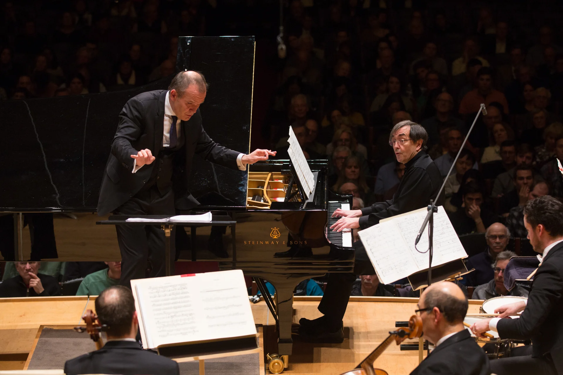 François-Xavier Roth leads the Boston Symphony Orchestra, with pianist Pierre-Laurent Aimard, Thursday, Jan. 11 at Symphony Hall. Robert Torres photograph.