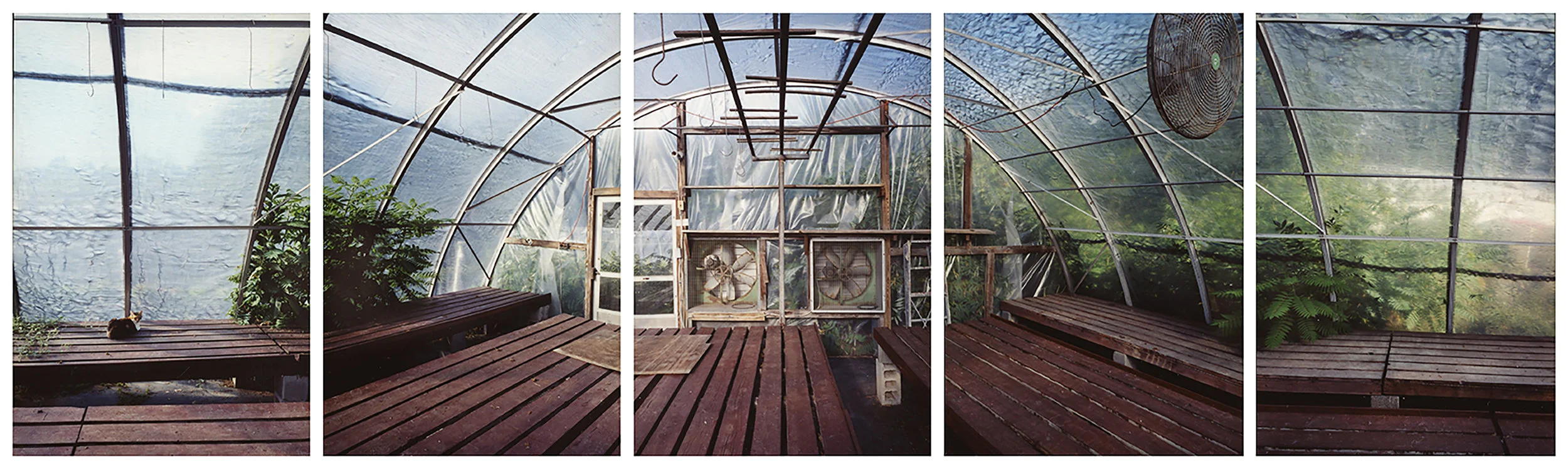 A five-part panoramic view of Marshall’s Farm Stand, West Gloucester. Esther Pullman photographs.