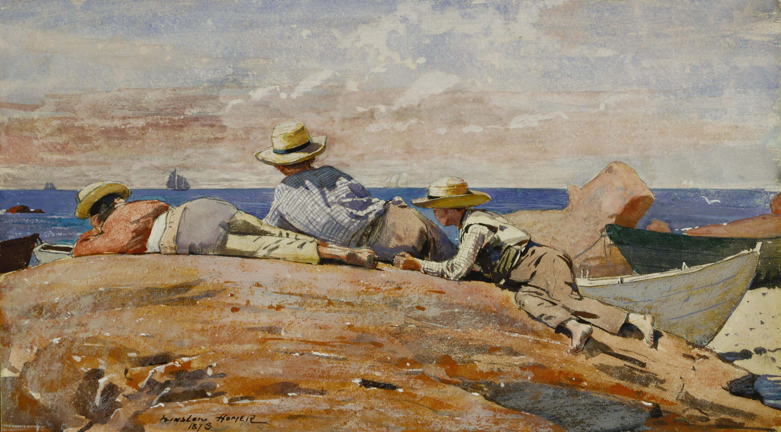 Winslow Homer (1836-1910), Three Boys on the Shore, 1873. Gouache and watercolor on paper mounted on board. Daniel J. Terra Collection.