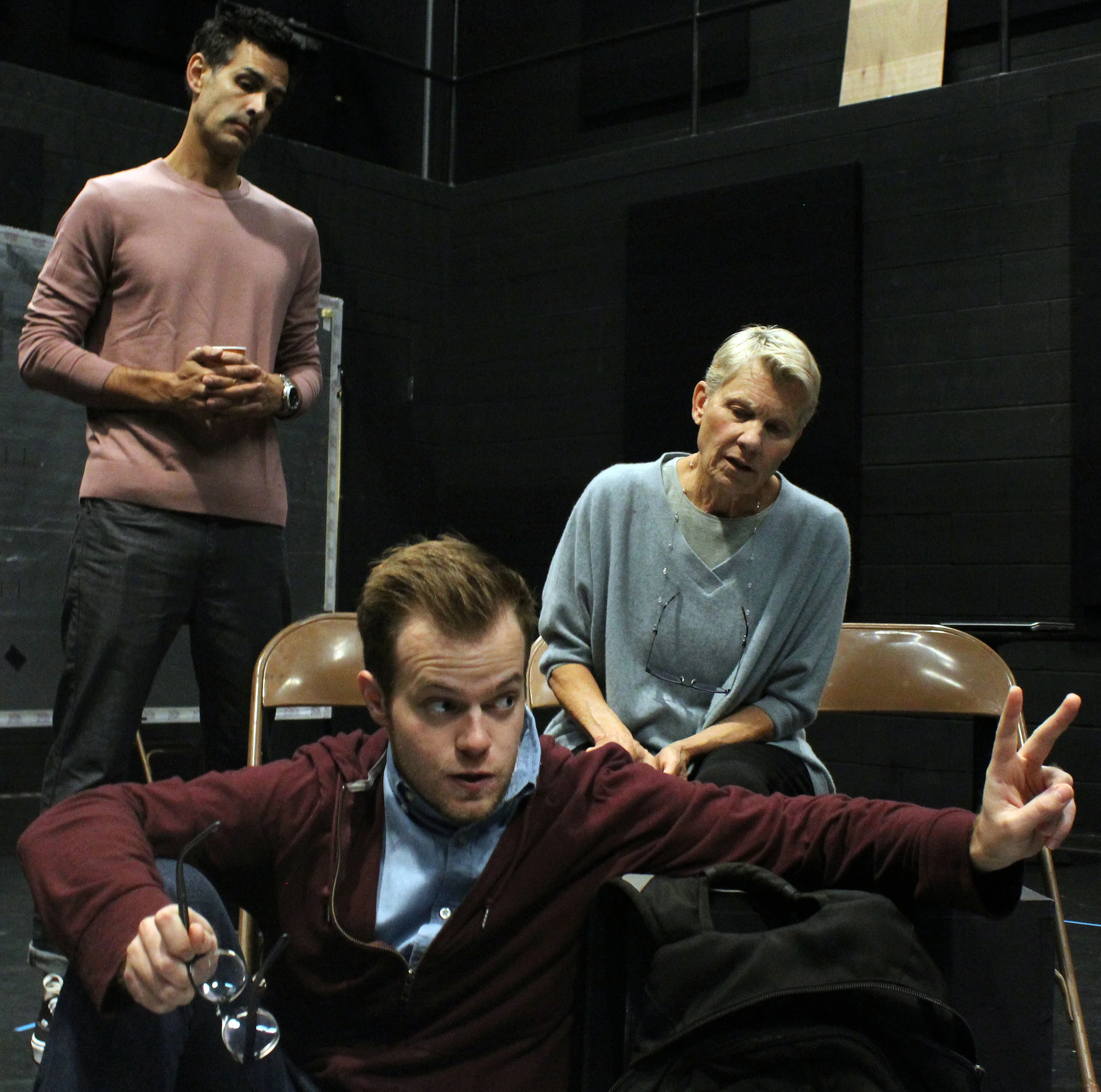 The cast of Gloucester Stage Company’s Lifespan of a Fact, l to r: Mickey Solis, Derek Speedy, and Lindsay Crouse. Julia Lorello photograph. Sam Weisman directs.