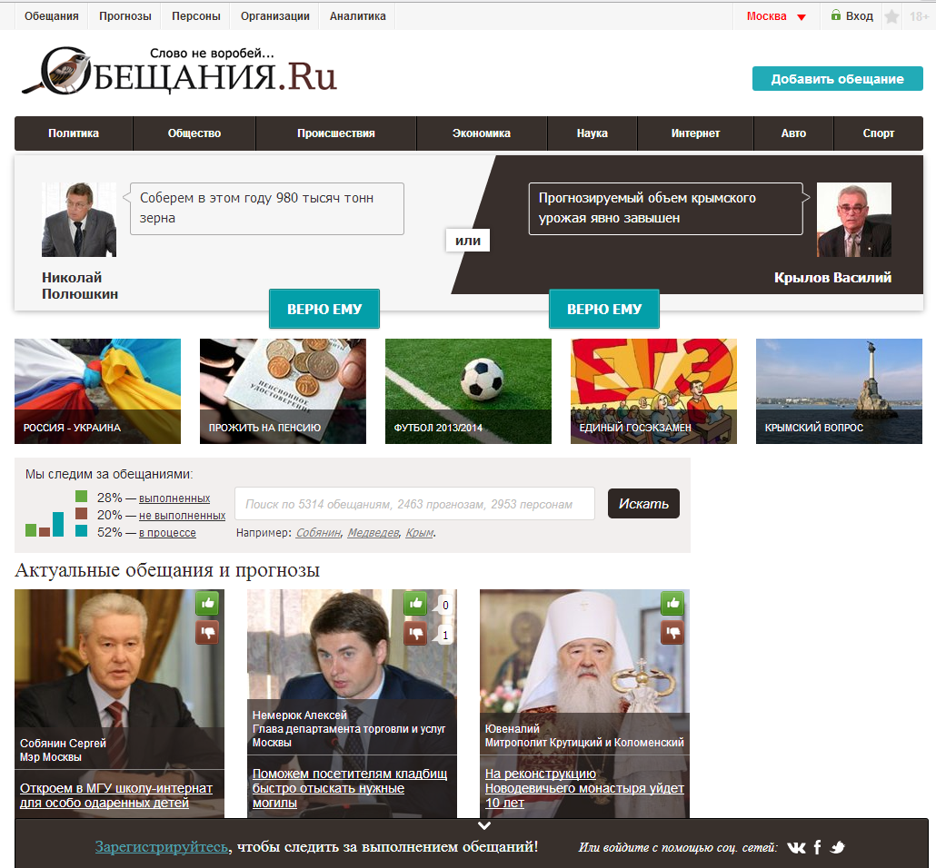 Сервис Обещания.Ru до редизайна и внедрения игровых механик