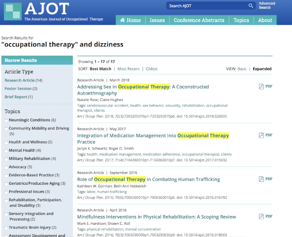 An example of what AJOT pulls for occupational therapy and dizziness. 