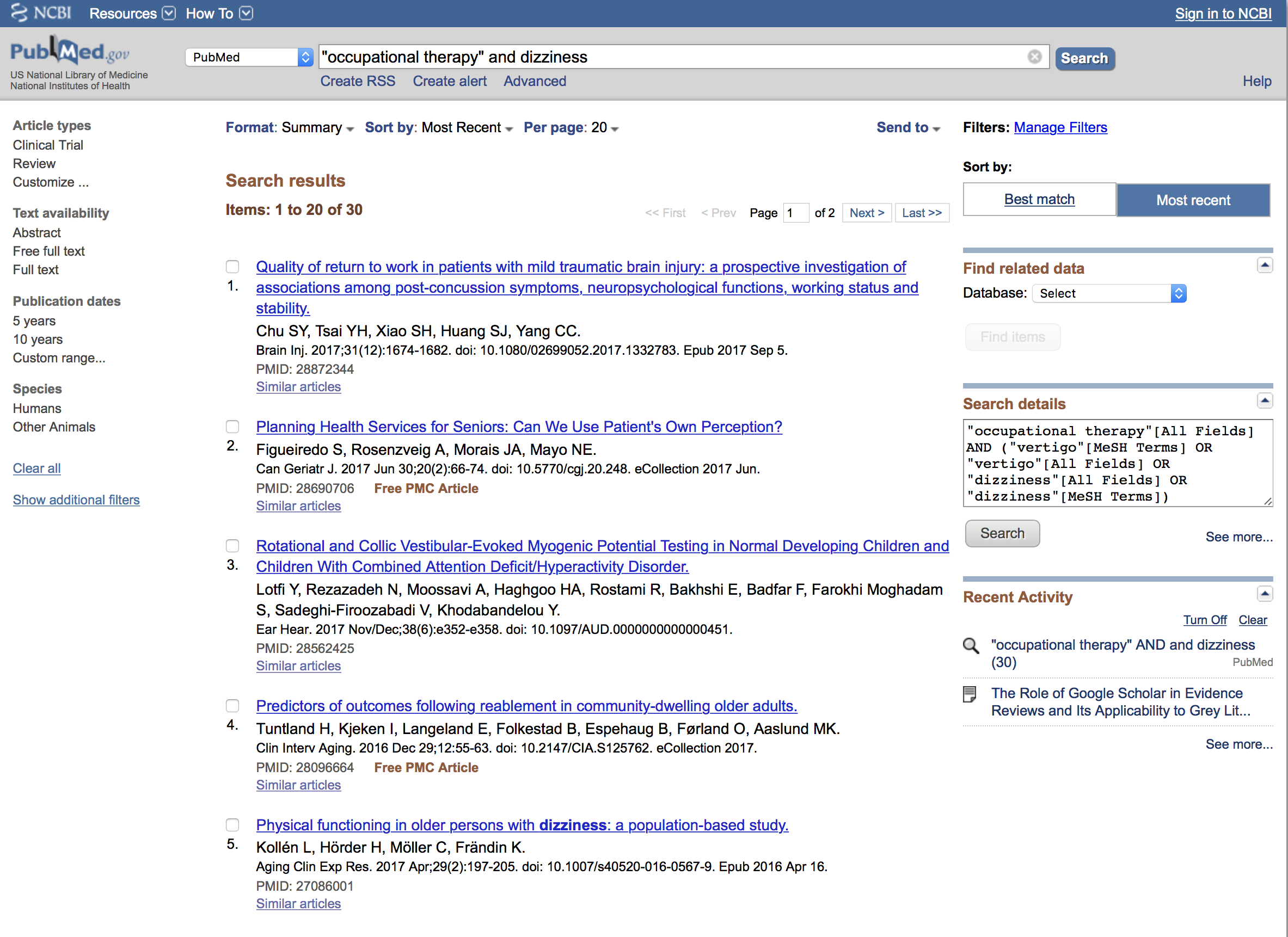 A sample of what PubMed pulls when you search for occupational therapy and dizziness.