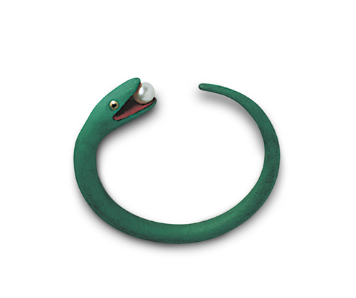 Snake Playing with Pearl 1995 steel, cultured pearl, gold, black diamond, malachite, vermillion pigment