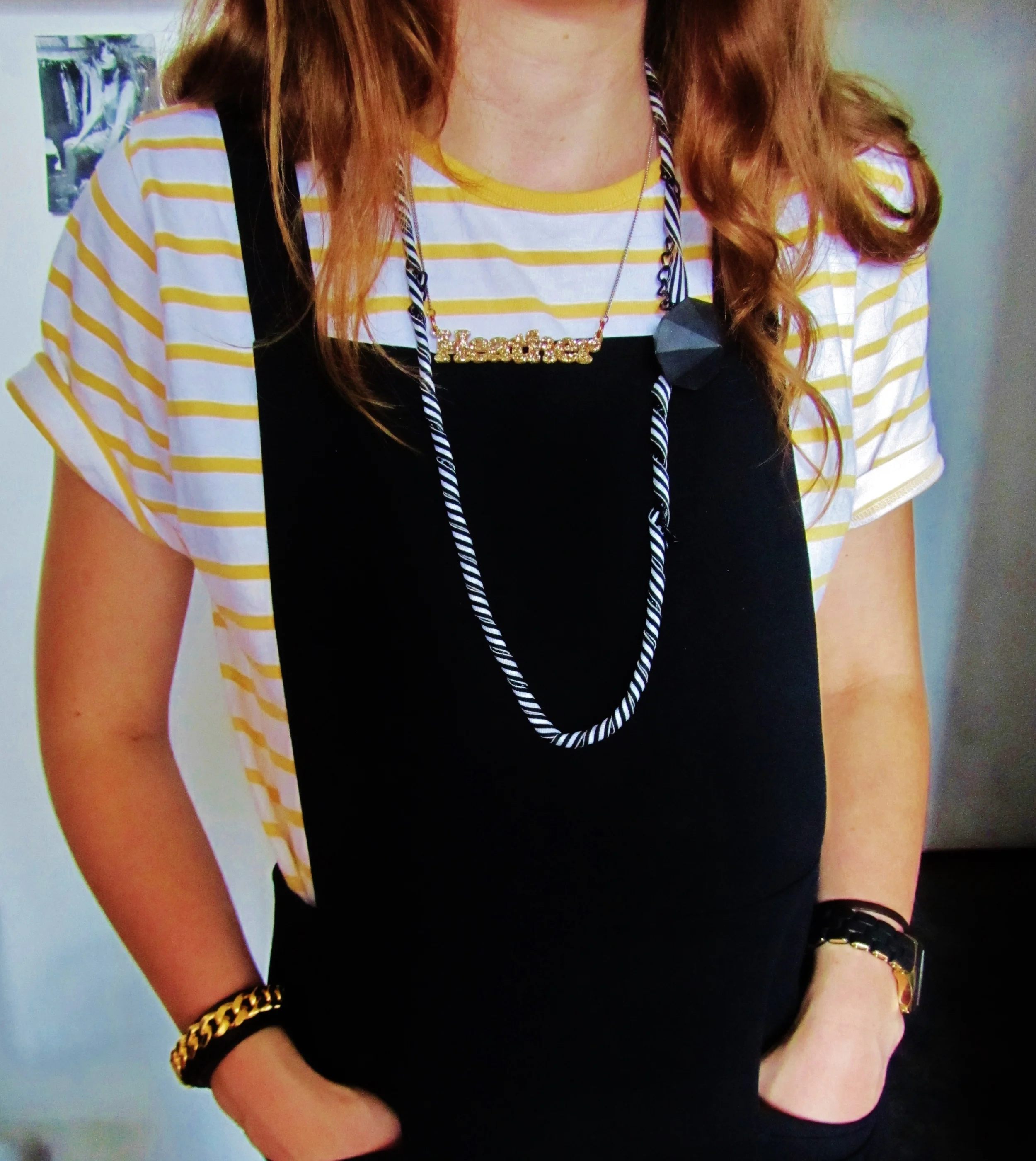 Here's Heather wearing my stripy black facet chain/textiles necklace, she loves stripes (almost) as much as she loves yellow.