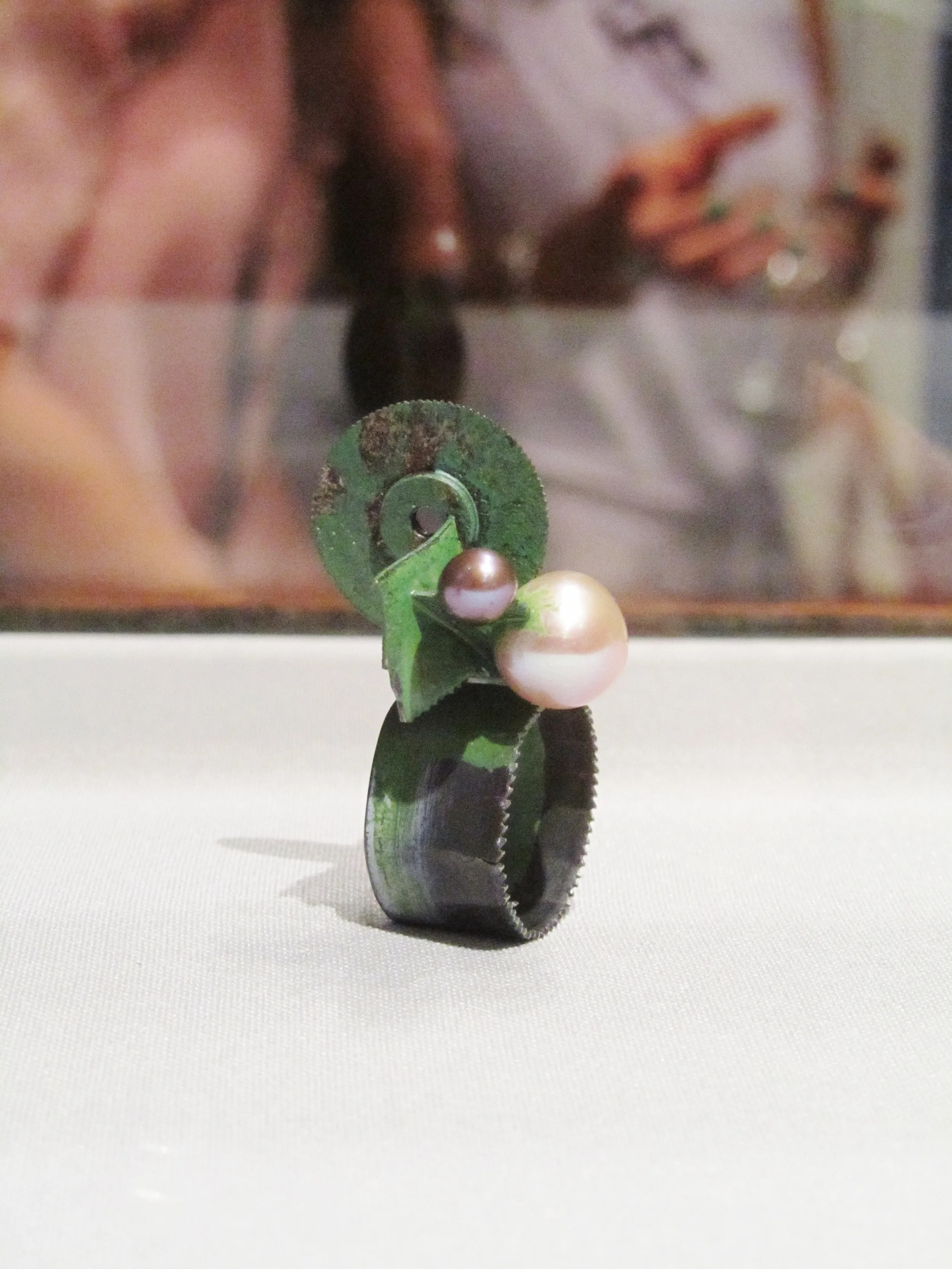 Pearls and saw blades, brought together in a Schobinger ring at Manchester Art Gallery.