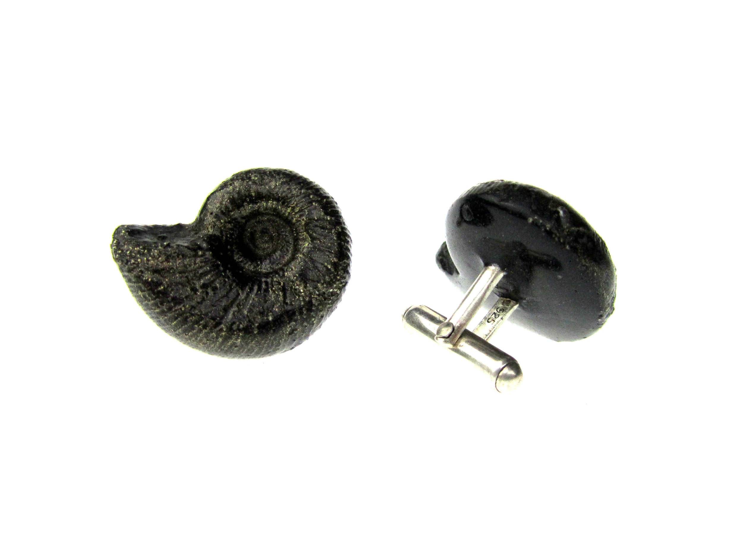 jade mellor fossil ammonite cufflinks side view.JPG