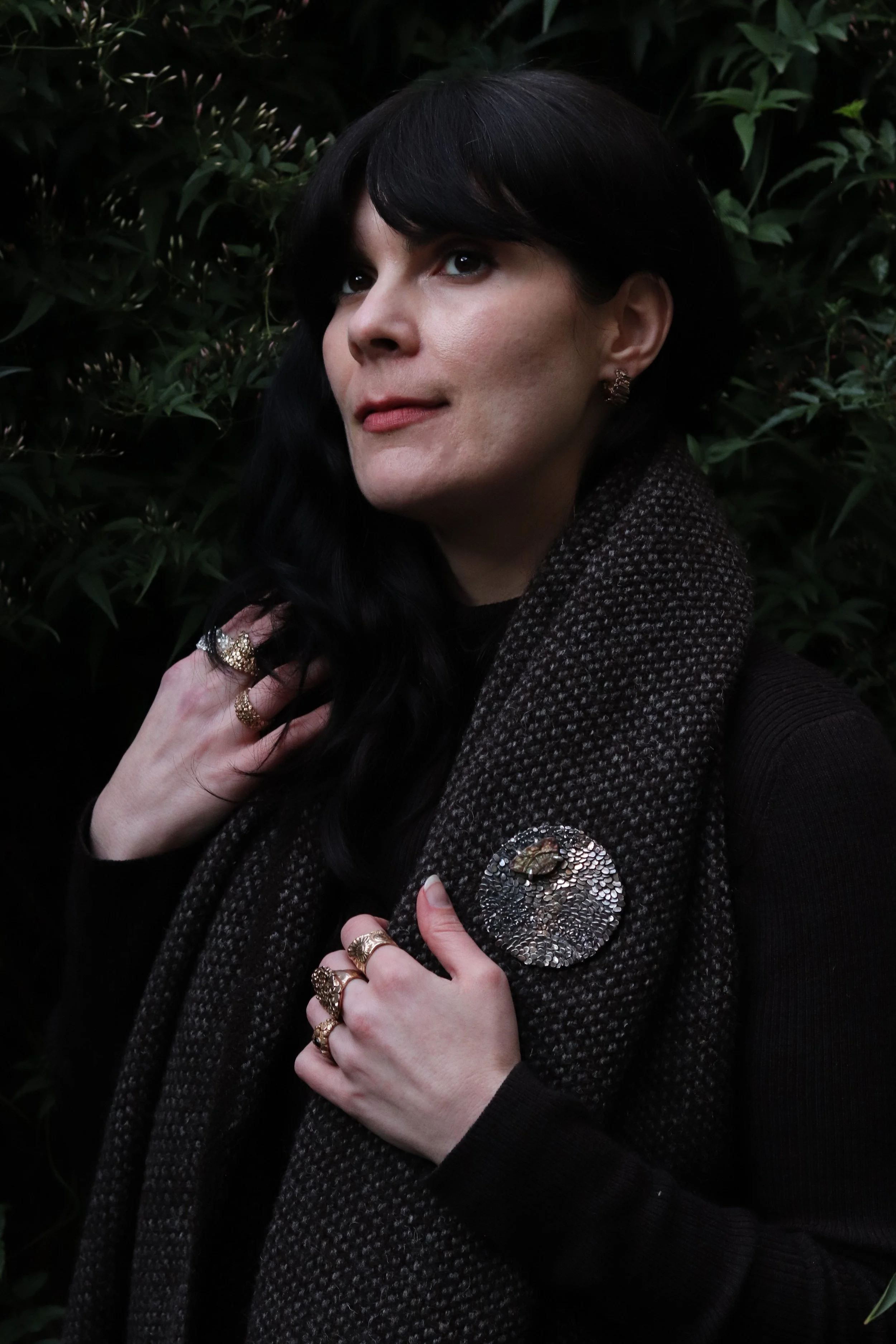 jade mellor wearing mabel and co wool scarf with juralite ammolite brooch.JPG