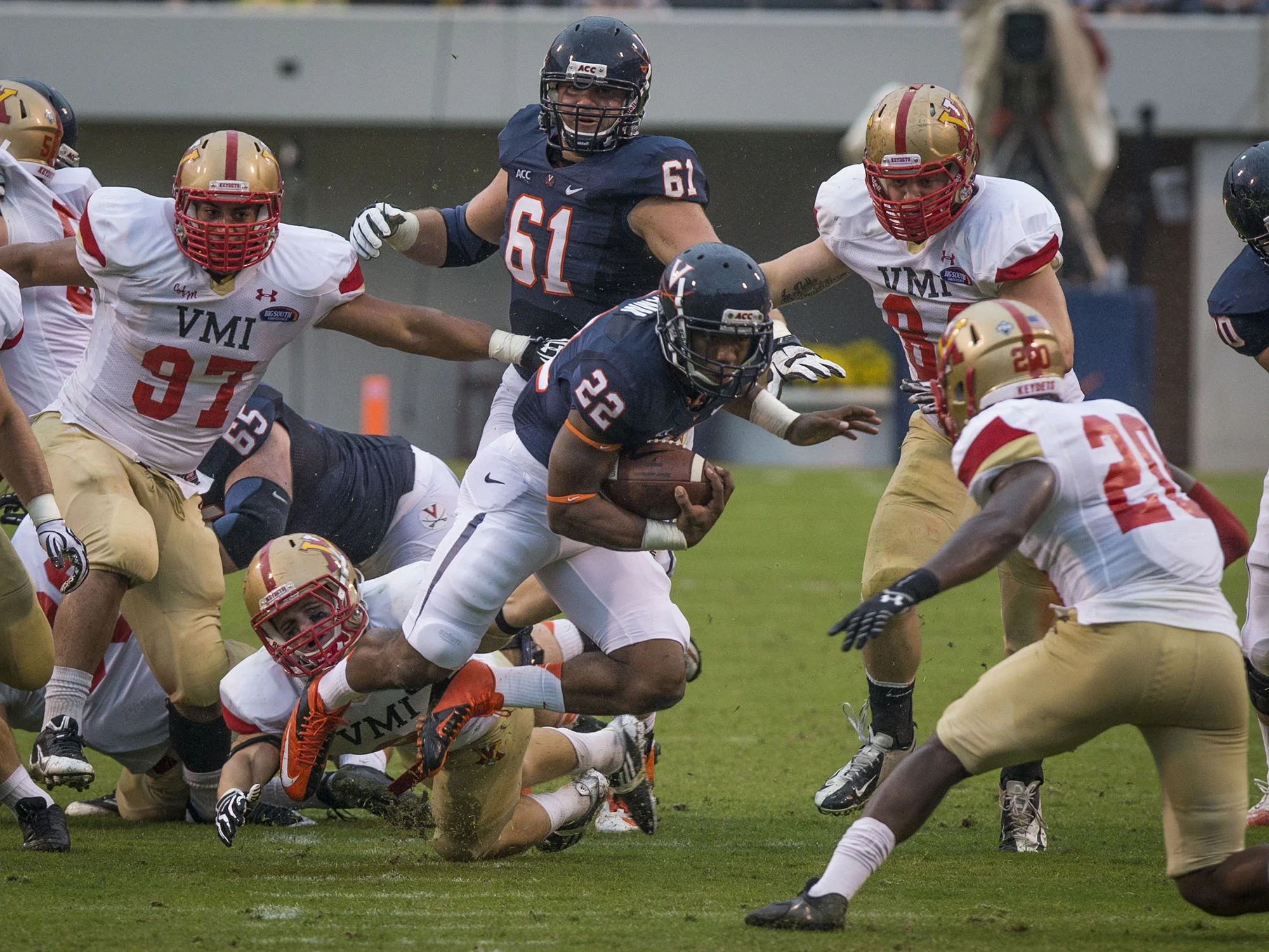 The U.Va. players in the study suffered the most frequent head impacts during games, but as the amount of padding increased during practices, so did the frequency and cumulative effect of head impacts. (Photo: Sanjay Suchak)