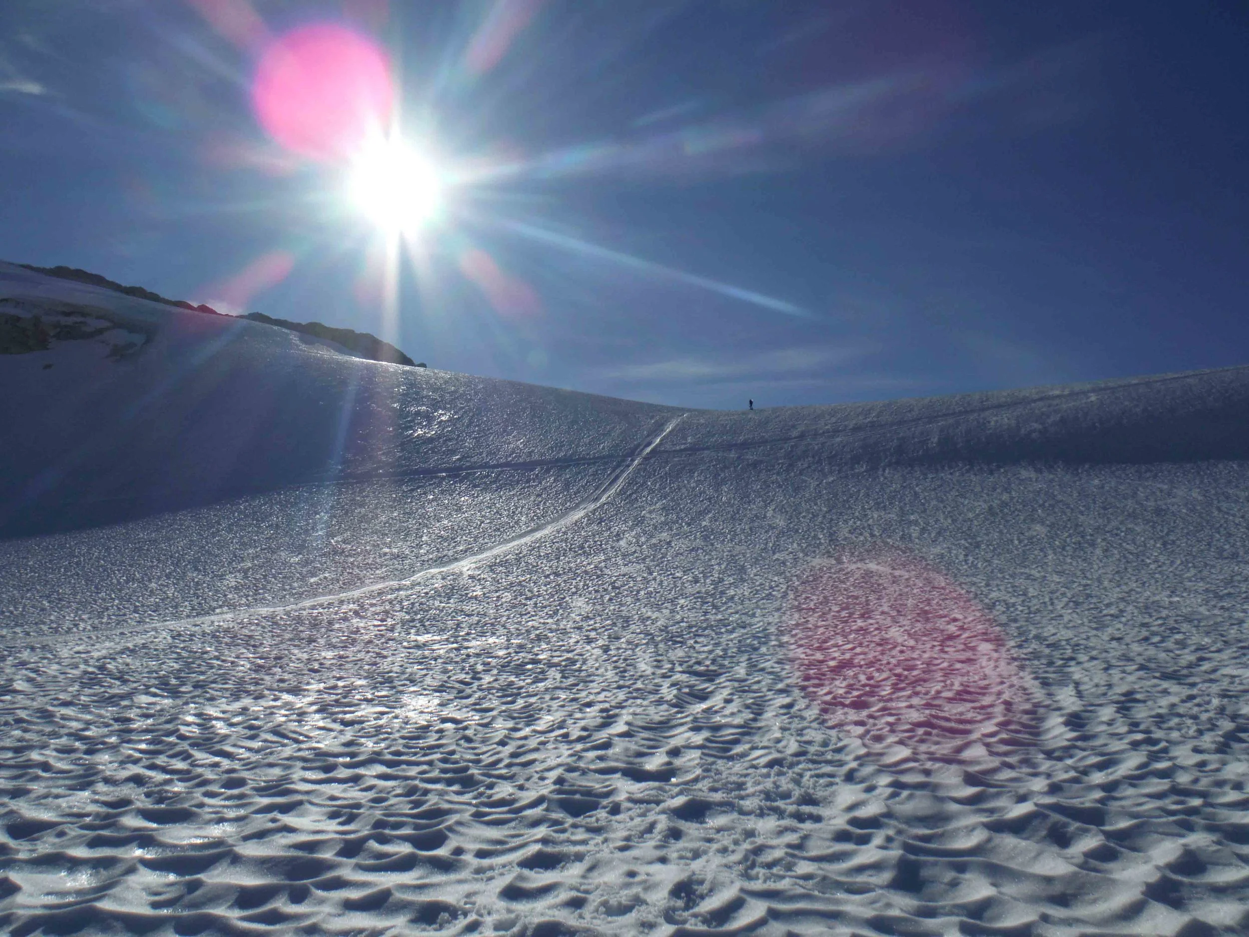 Uwe Hofmann skiing down the hill at Camp 10 for an early morning departure. Photo by Sarah Bouckoms
