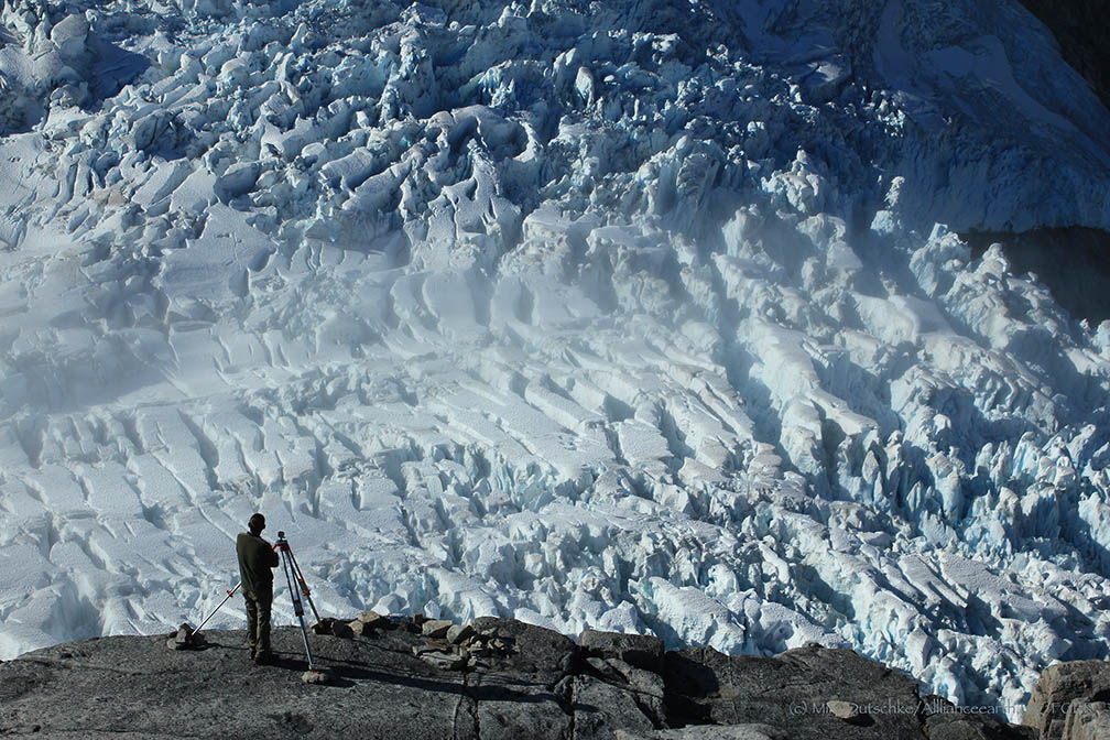  Paul Illsley at a terrestrial photogrammetry station overlooking the Vaughan Lewis Glacier.&nbsp; Photo by Mira Dutschke.  