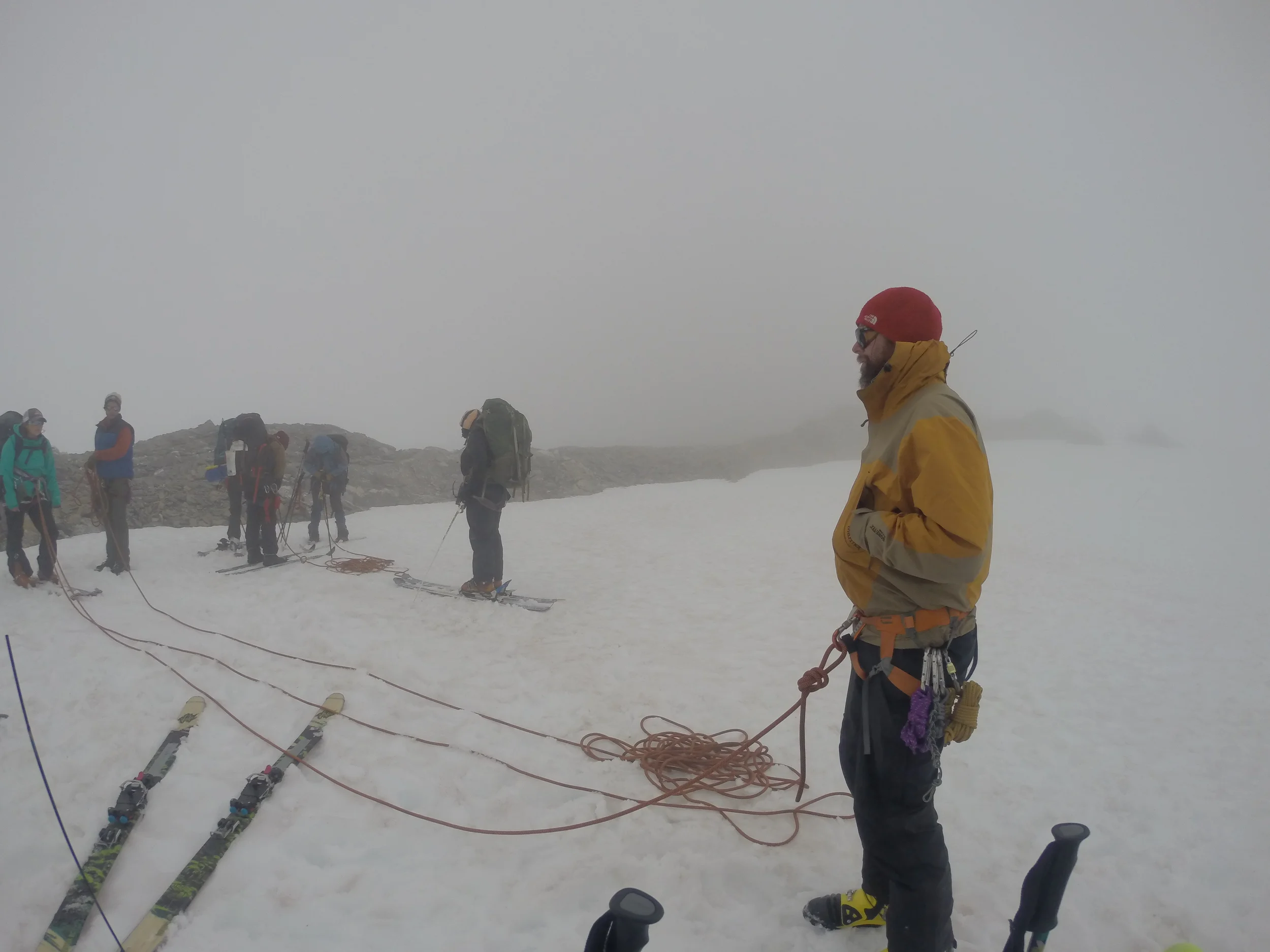 Getting roped up in the clouds at the top of Nugget Ridge.
