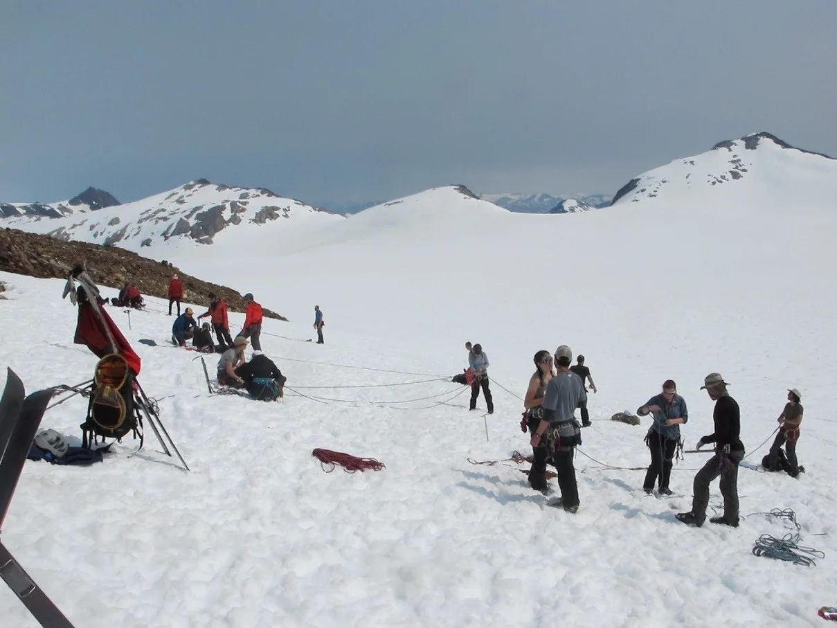 Students practice making pulleys and anchors on the Lemon Creek Glacier. Photo by Allie Strel.