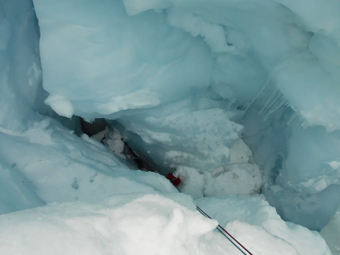 Drew all the way at the bottom of the crevasse. Photo by Lara Hughes