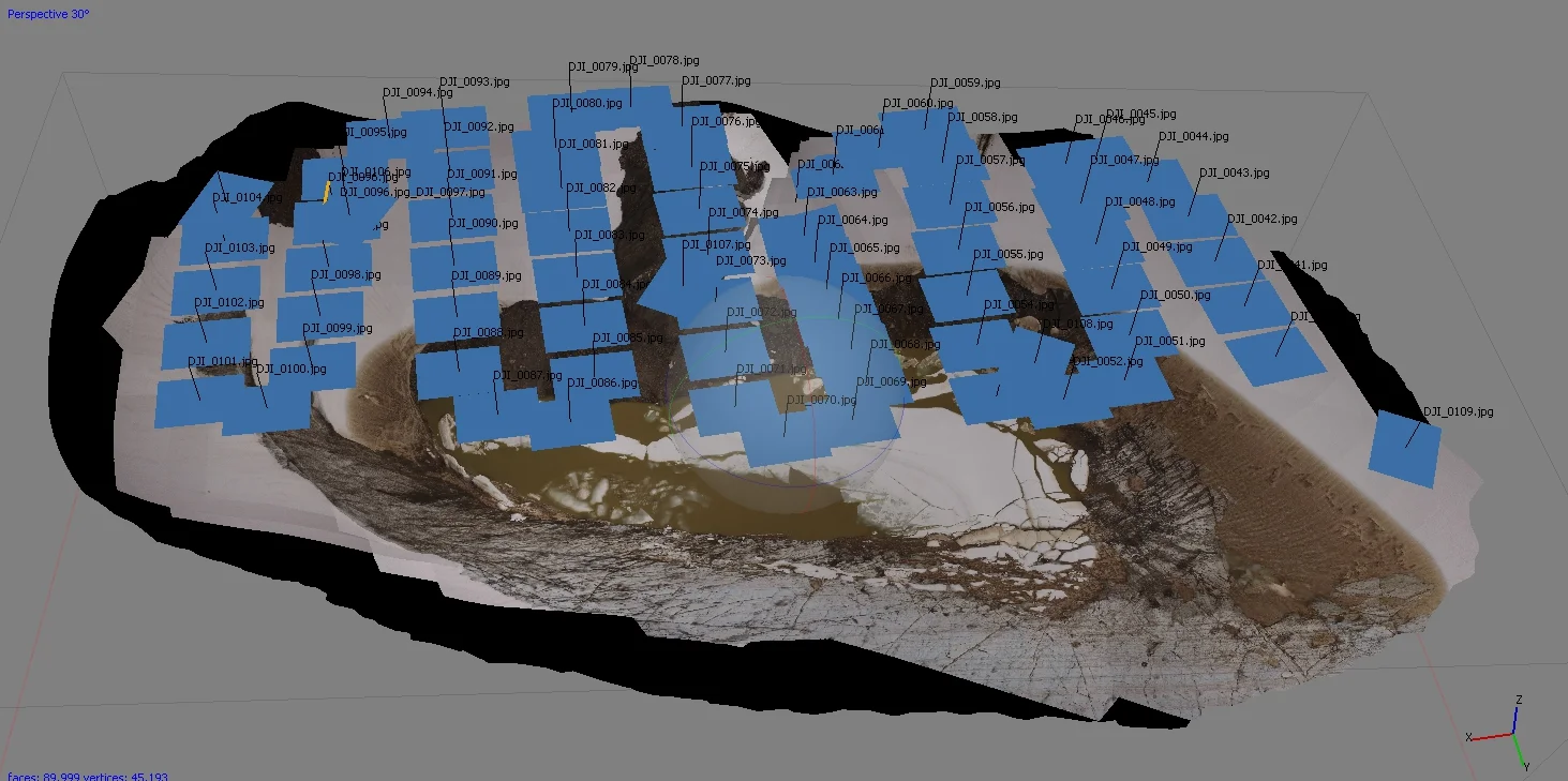 A screenshot of the 3D image of Lake Linda with the “Snake Linda” flight path photo positions marked as blue squares. (Photo credit: Matt Beedle)