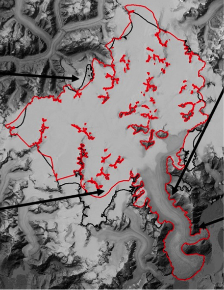 Boundaries of Taku Glacier on the Juneau Icefield. Adapted from a figure by Chris McNeil.